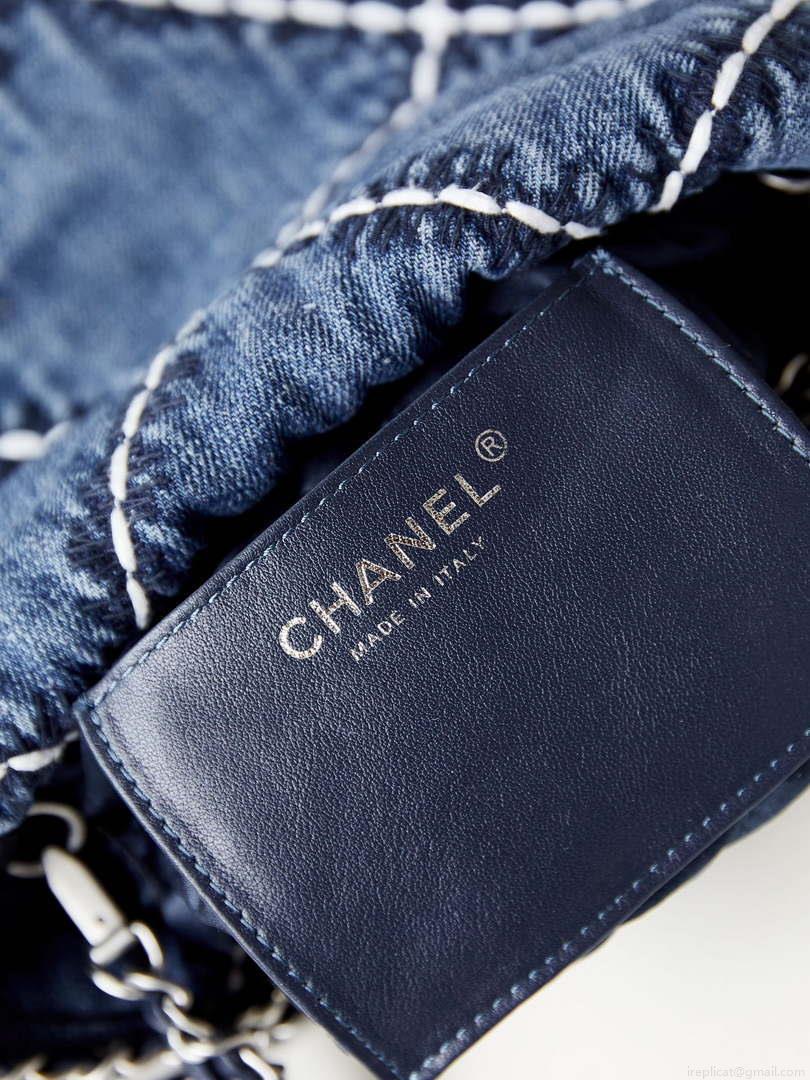 Chanel AS3980 22 Mini Handbag Silver-Tone Metal Canvas Blue Denim