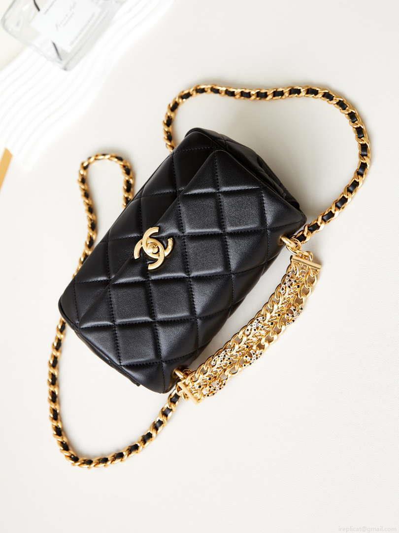 Chanel AS4595 MINI FLAP BAG Metallic Calfskin Diamante & Gold-Tone Metal Black