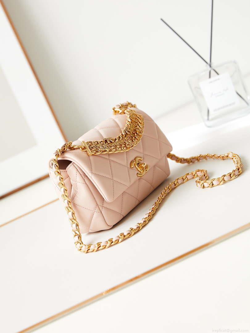 Chanel AS4595 MINI FLAP BAG Metallic Calfskin Diamante & Gold-Tone Metal Light Pink