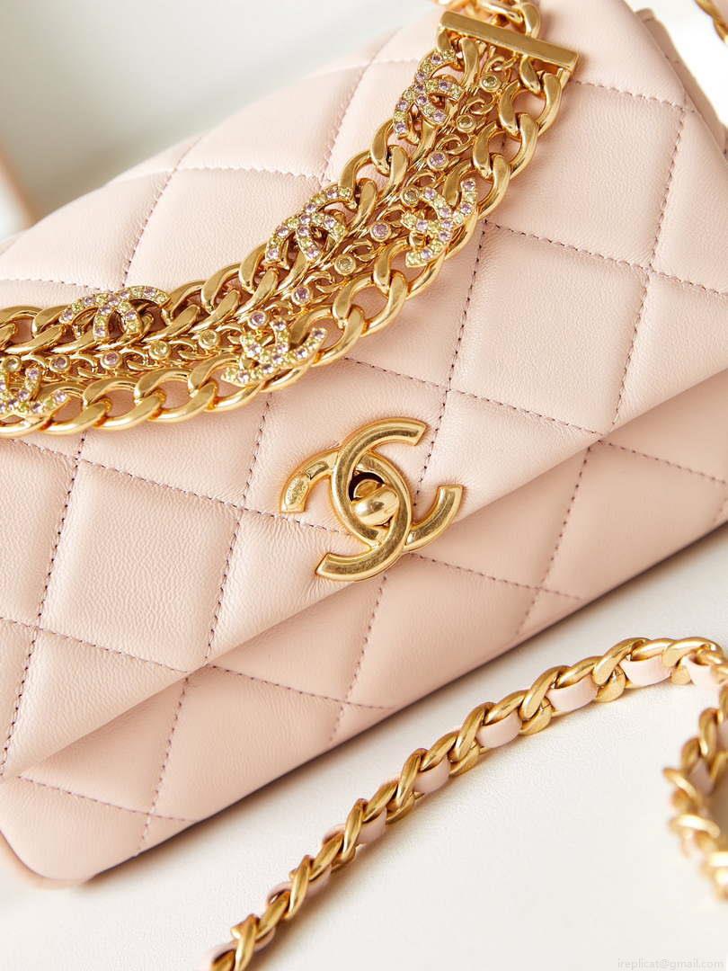 Chanel AS4595 MINI FLAP BAG Metallic Calfskin Diamante & Gold-Tone Metal Light Pink