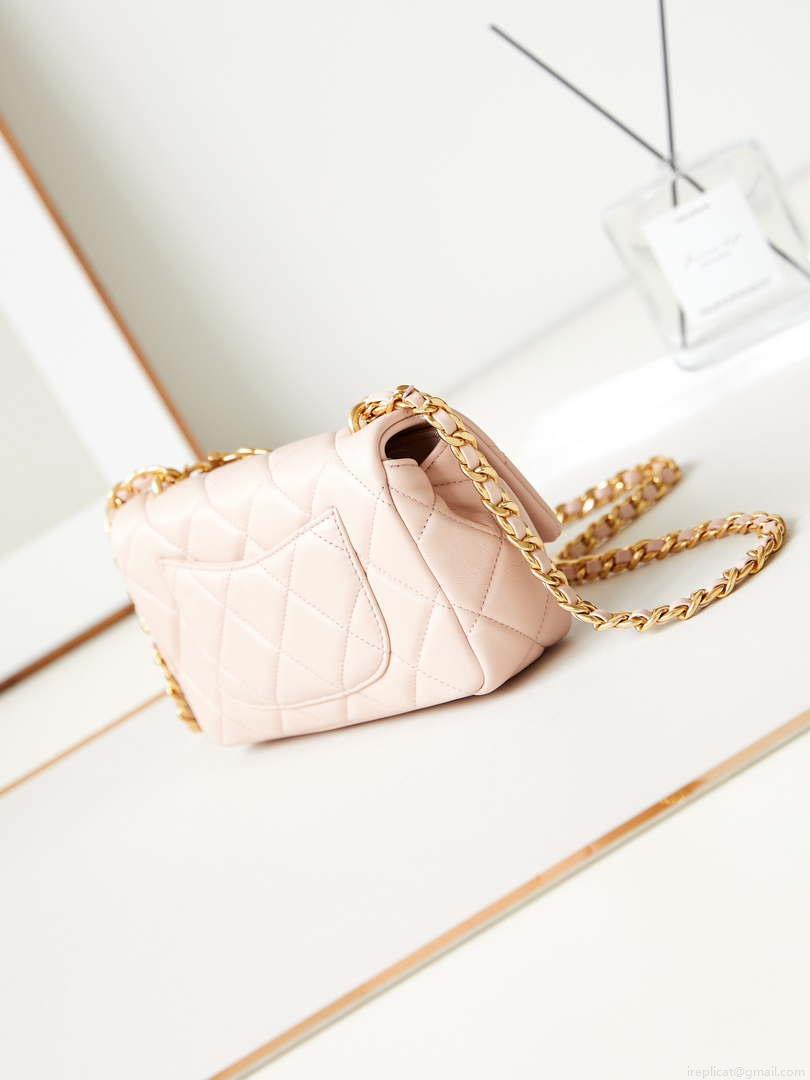 Chanel AS4595 MINI FLAP BAG Metallic Calfskin Diamante & Gold-Tone Metal Light Pink