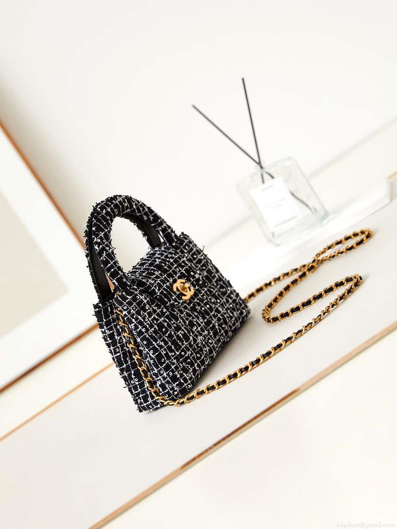 Chanel AS4416 Mini Shopping Bag Cotton Tweed & Gold-Tone Metal Black and White