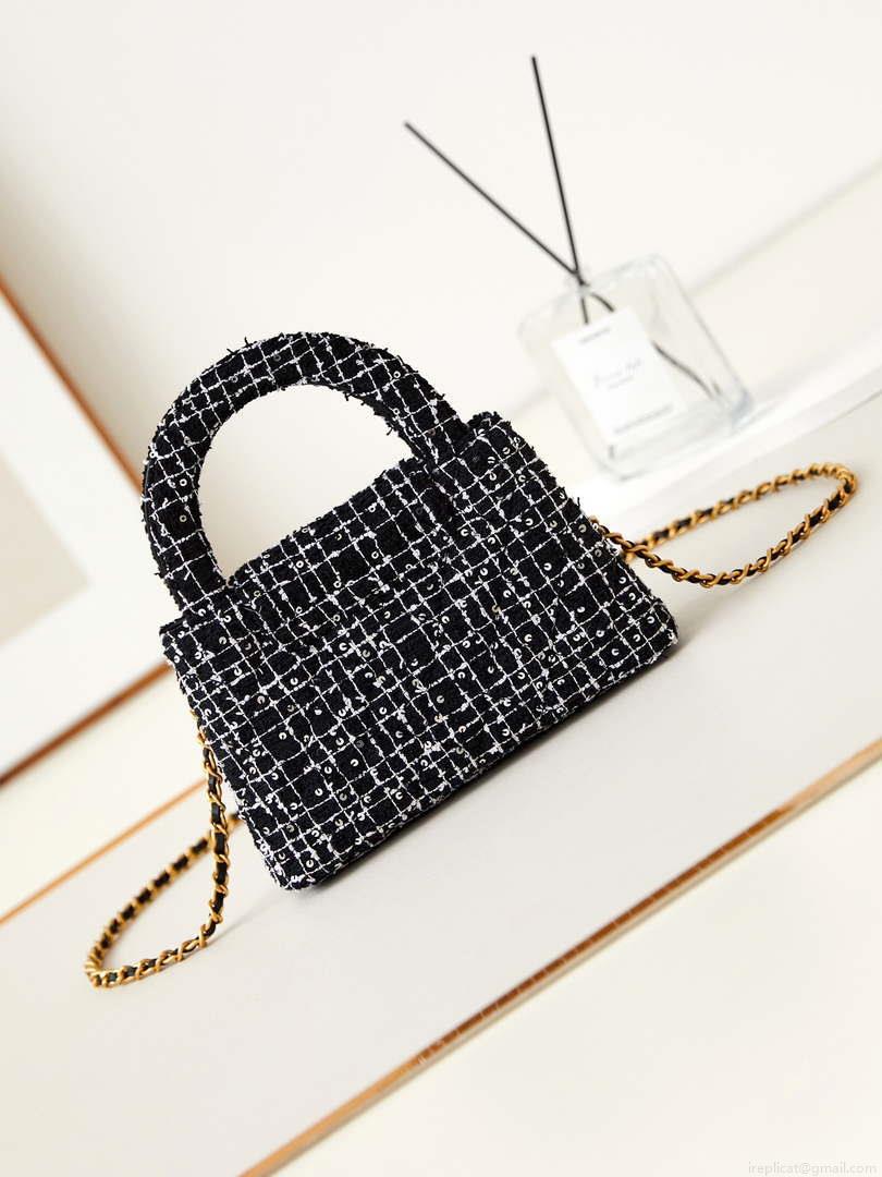 Chanel AS4416 Mini Shopping Bag Cotton Tweed & Gold-Tone Metal Black and White