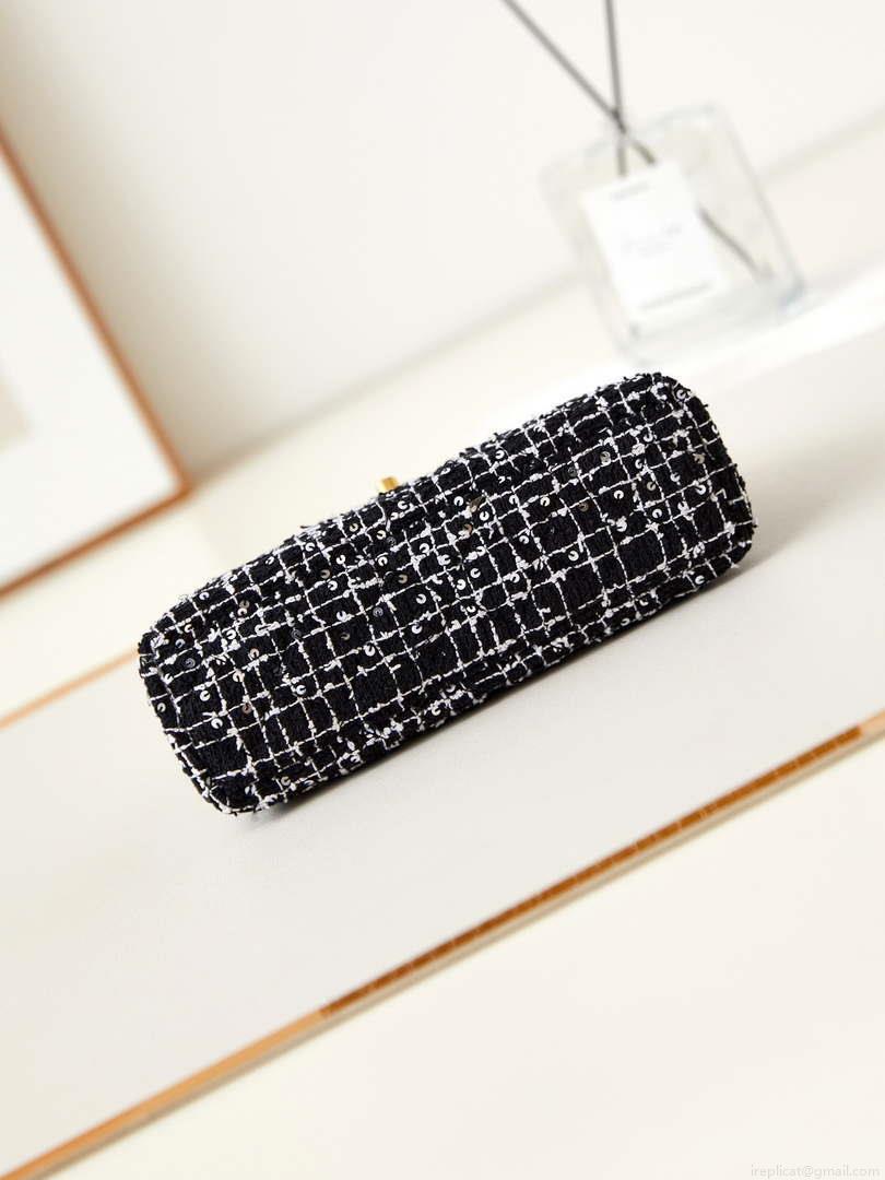 Chanel AS4416 Mini Shopping Bag Cotton Tweed & Gold-Tone Metal Black and White