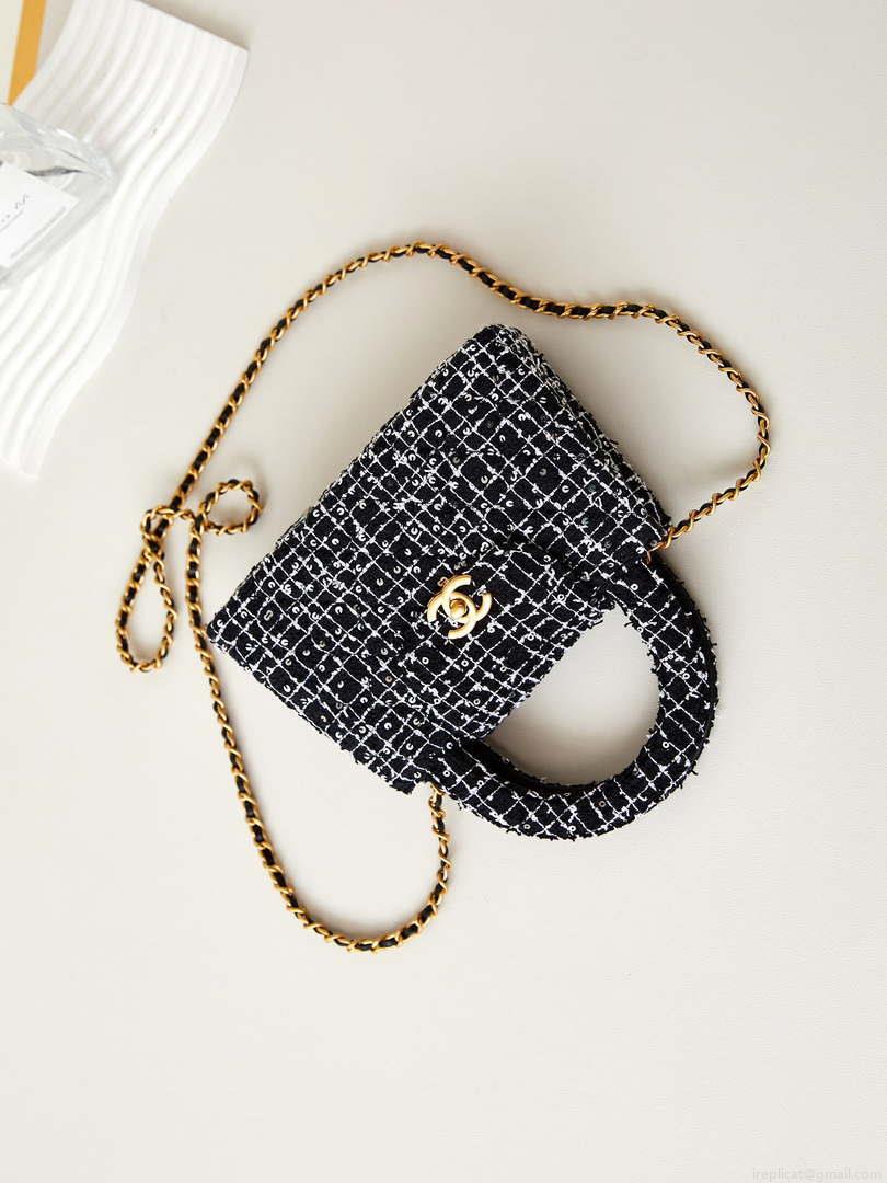 Chanel AS4416 Mini Shopping Bag Cotton Tweed & Gold-Tone Metal Black and White