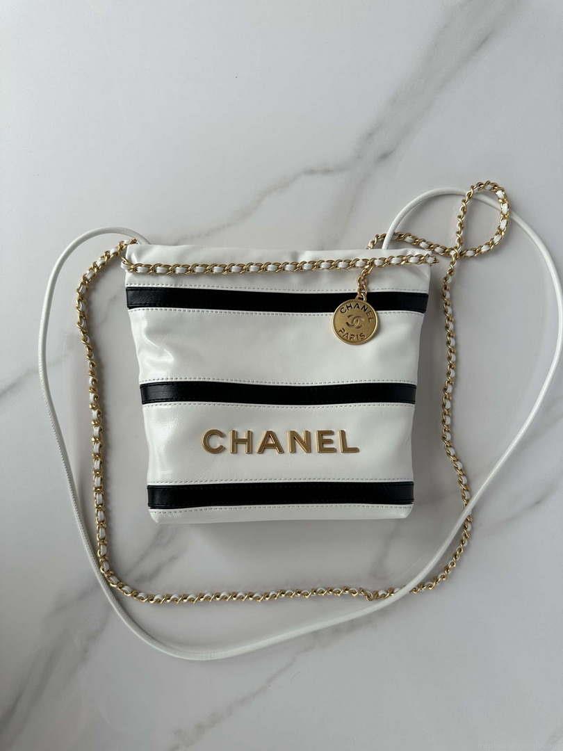 Chanel 22 Mini Handbag AS3980 Shiny Calfskin & Gold-Tone Metal White & Black