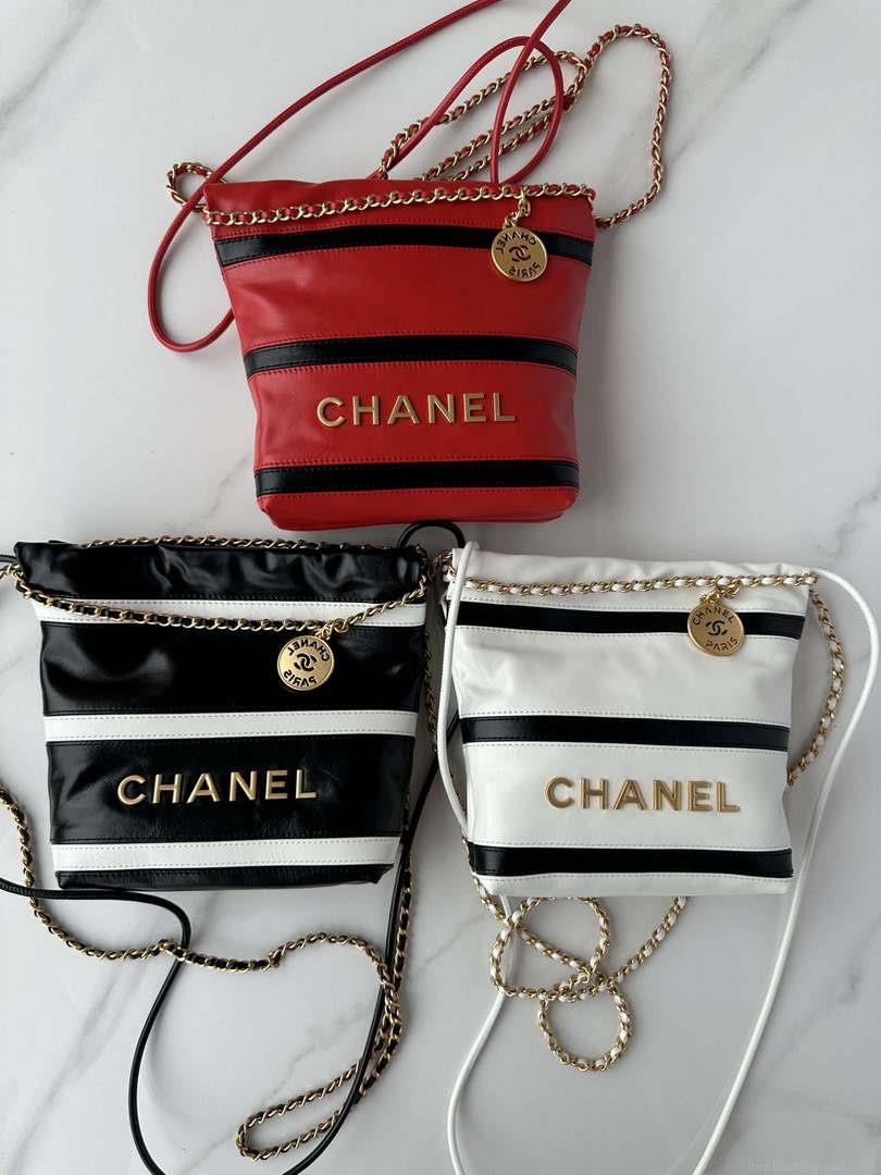 Chanel 22 Mini Handbag AS3980 Shiny Calfskin & Gold-Tone Metal White & Black