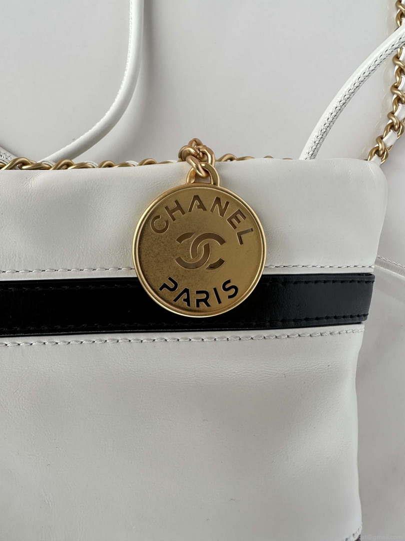 Chanel 22 Mini Handbag AS3980 Shiny Calfskin & Gold-Tone Metal White & Black