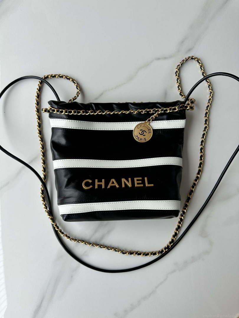 Chanel 22 Mini Handbag AS3980 Shiny Calfskin & Gold-Tone Metal Black & White