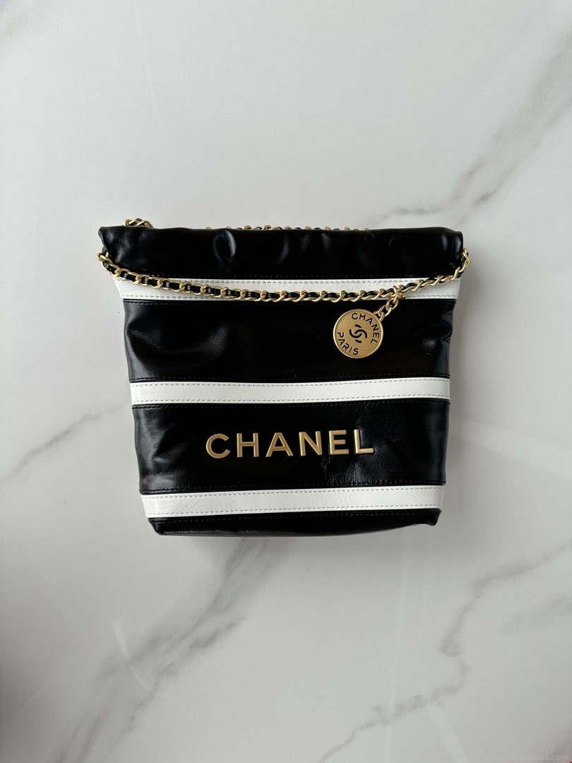 Chanel 22 Mini Handbag AS3980 Shiny Calfskin & Gold-Tone Metal Black & White