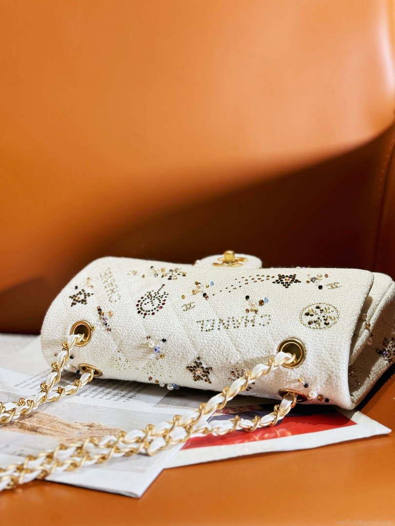 Chanel A01112 Flap Classic Handbag Tweed & Gold-Tone Metal Beige