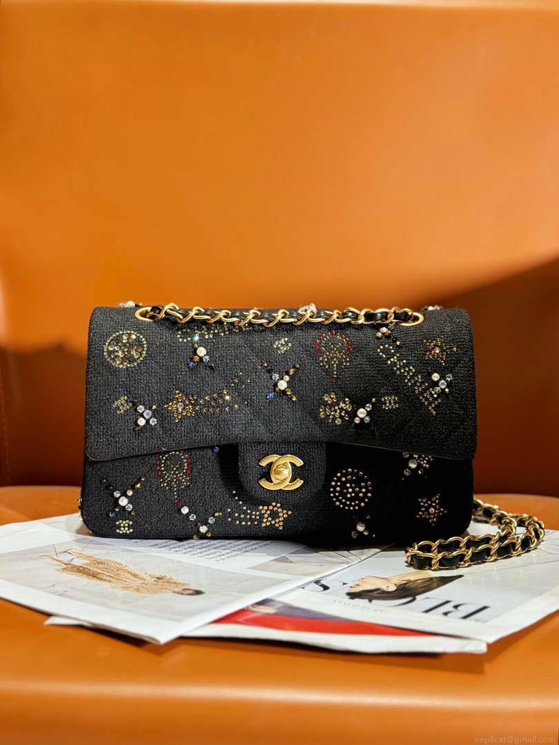 Chanel 24C A01112 Flap Classic Handbag Tweed & Gold-Tone Metal Black