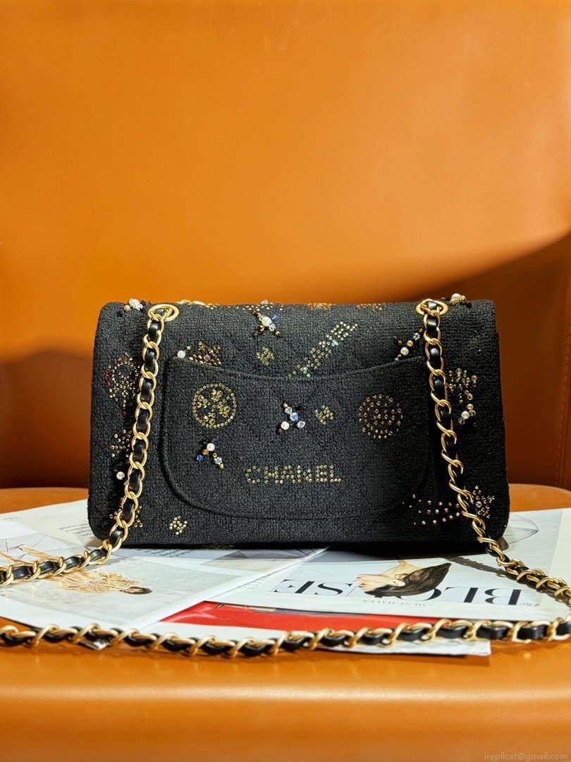 Chanel 24C A01112 Flap Classic Handbag Tweed & Gold-Tone Metal Black