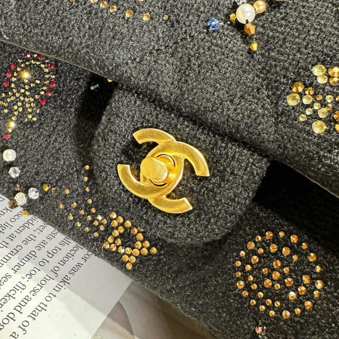 Chanel 24C A01112 Flap Classic Handbag Tweed & Gold-Tone Metal Black