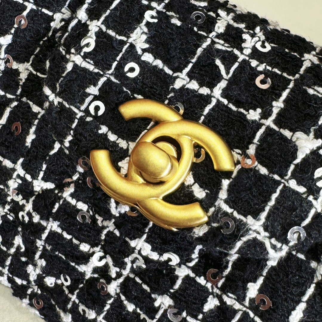 Chanel AP3435 CLUTCH WITH CHAIN Sequin Embroidered Tweed & Gold-Tone Metal Black White & Silver