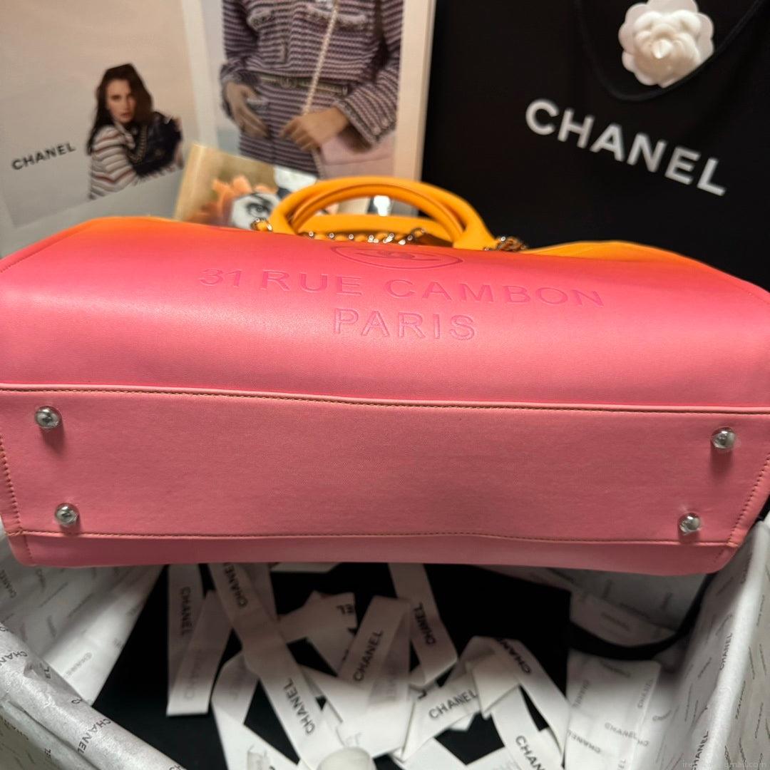 Chanel AS3351 Shopping Bag Shaded Calfskin & Silver-Tone Metal Orange Coral & Pink
