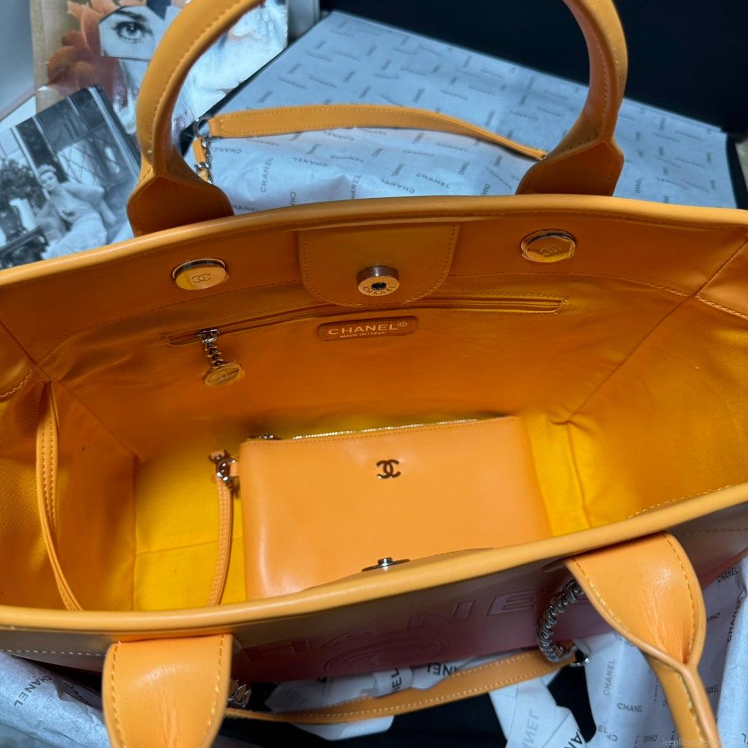 Chanel AS3351 Shopping Bag Shaded Calfskin & Silver-Tone Metal Orange Coral & Pink