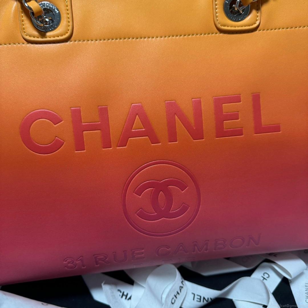 Chanel AS3351 Shopping Bag Shaded Calfskin & Silver-Tone Metal Orange Coral & Pink