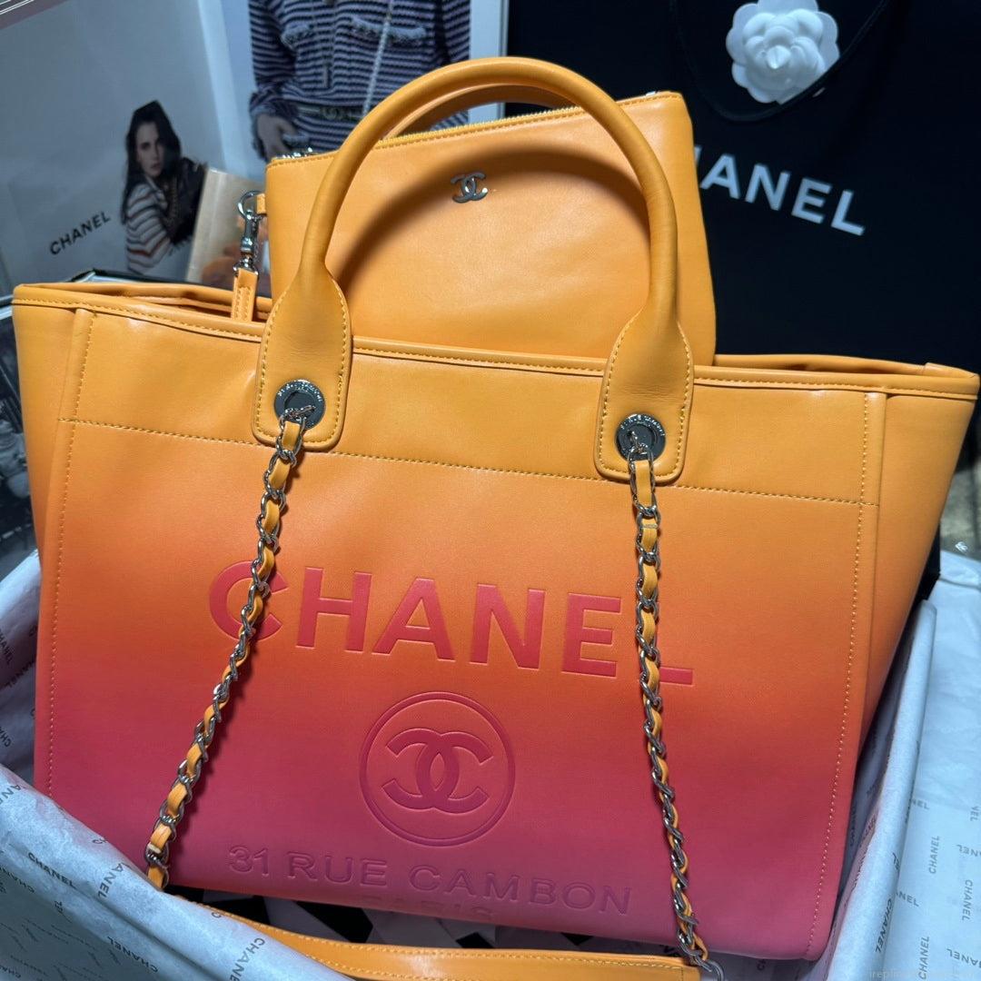 Chanel AS3351 Shopping Bag Shaded Calfskin & Silver-Tone Metal Orange Coral & Pink