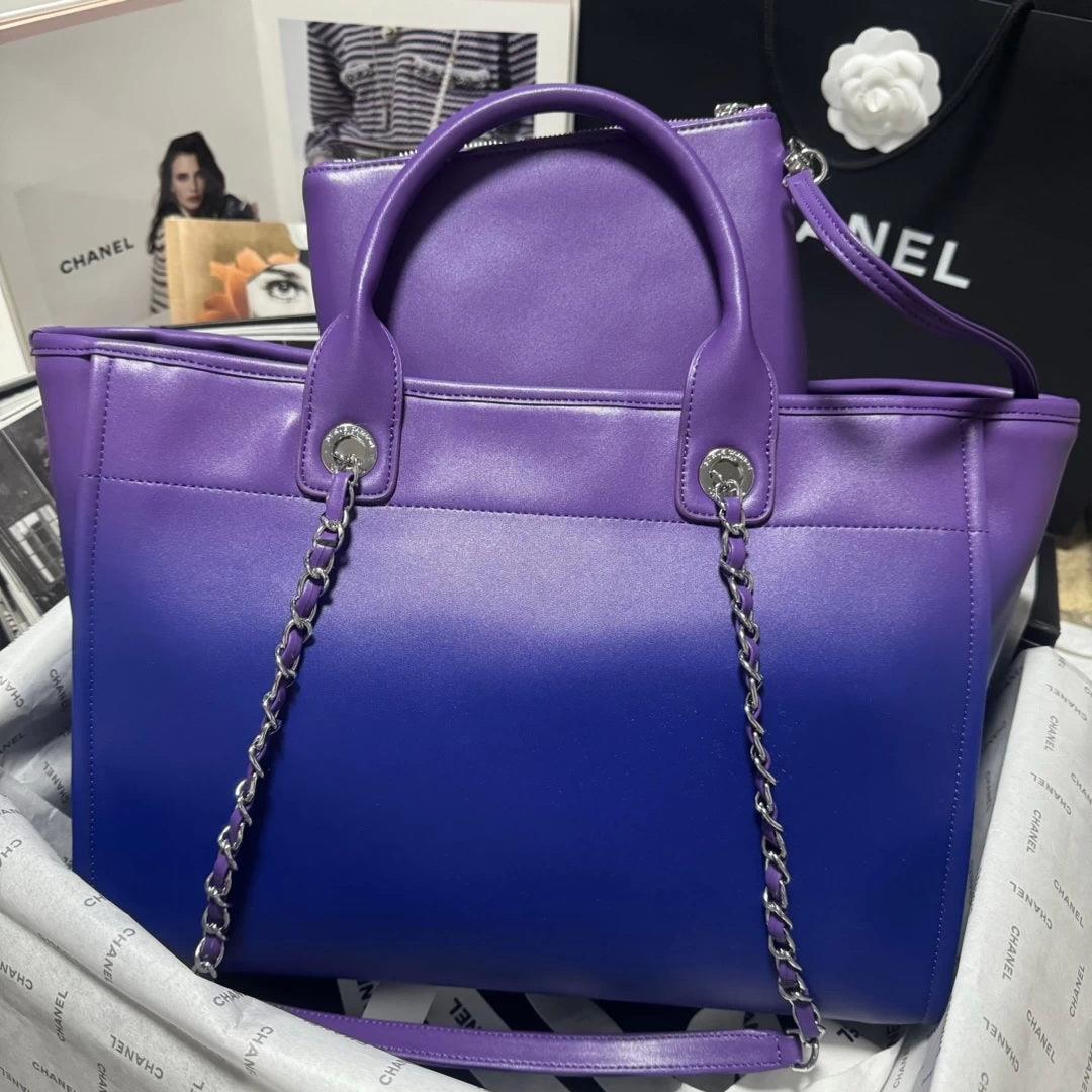 Chanel AS3351 Shopping Bag Shaded Calfskin & Silver-Tone Metal Purple, Blue & Dark Blue