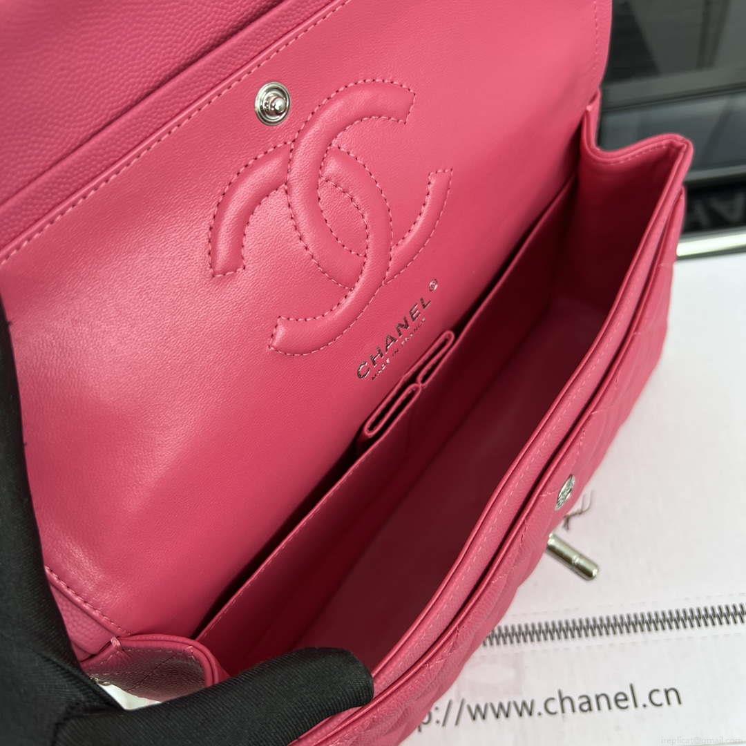 Chanel A01112 Flap Classic 11.12 Handbag Grained Calfskin & Silver-Tone Metal Rose Red