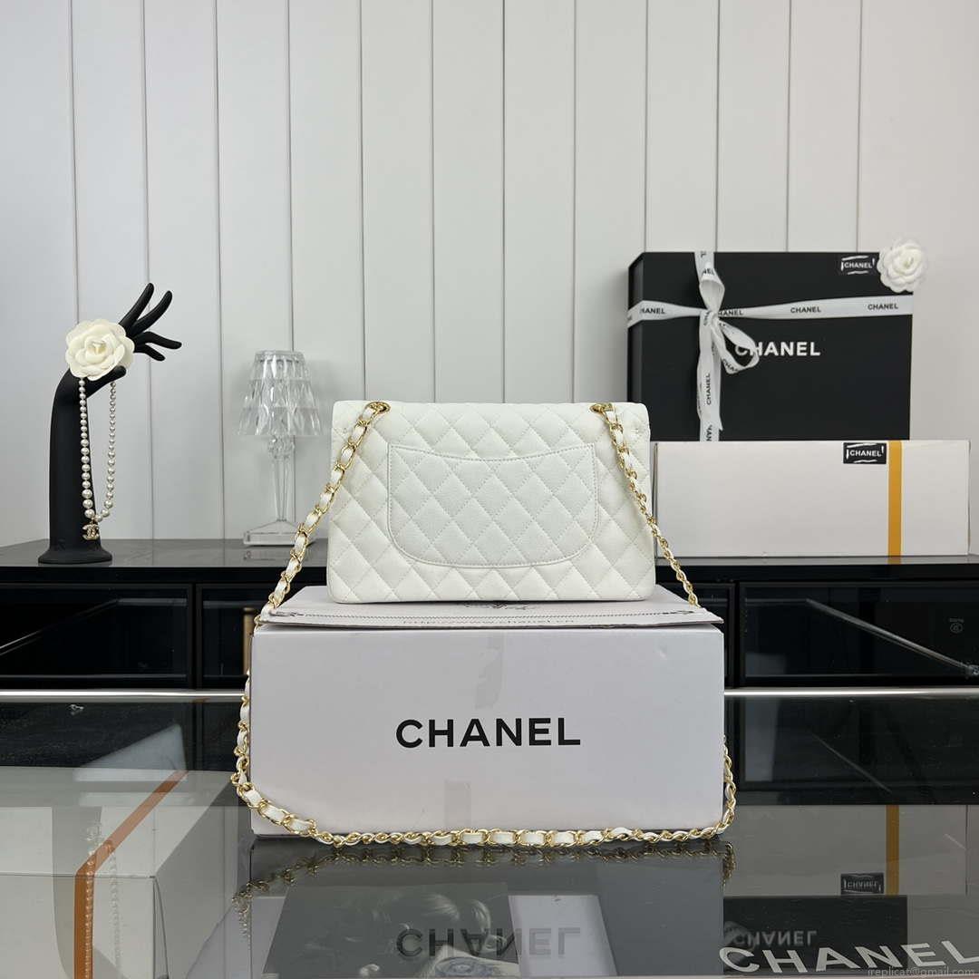 Chanel A01112 Flap Classic 11.12 Handbag Grained Calfskin & Gold-Tone Metal White