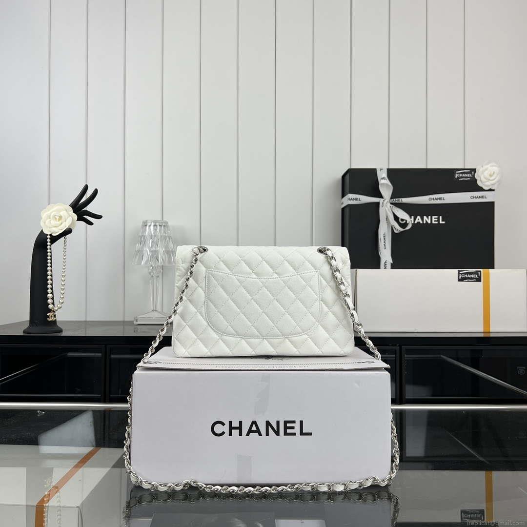 Chanel A01112 Flap Classic 11.12 Handbag Grained Calfskin & Silver-Tone Metal White