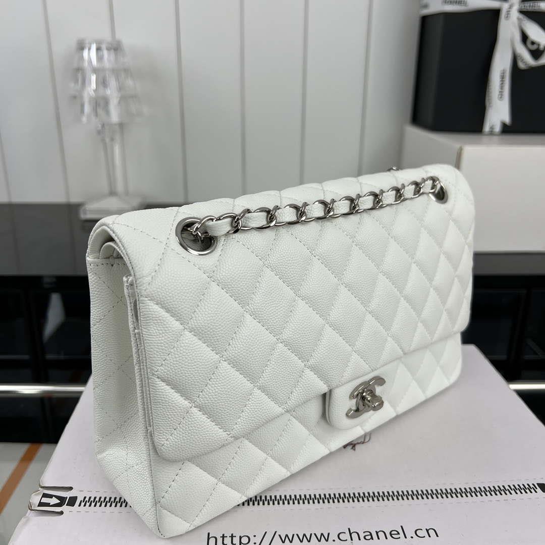 Chanel A01112 Flap Classic 11.12 Handbag Grained Calfskin & Silver-Tone Metal White