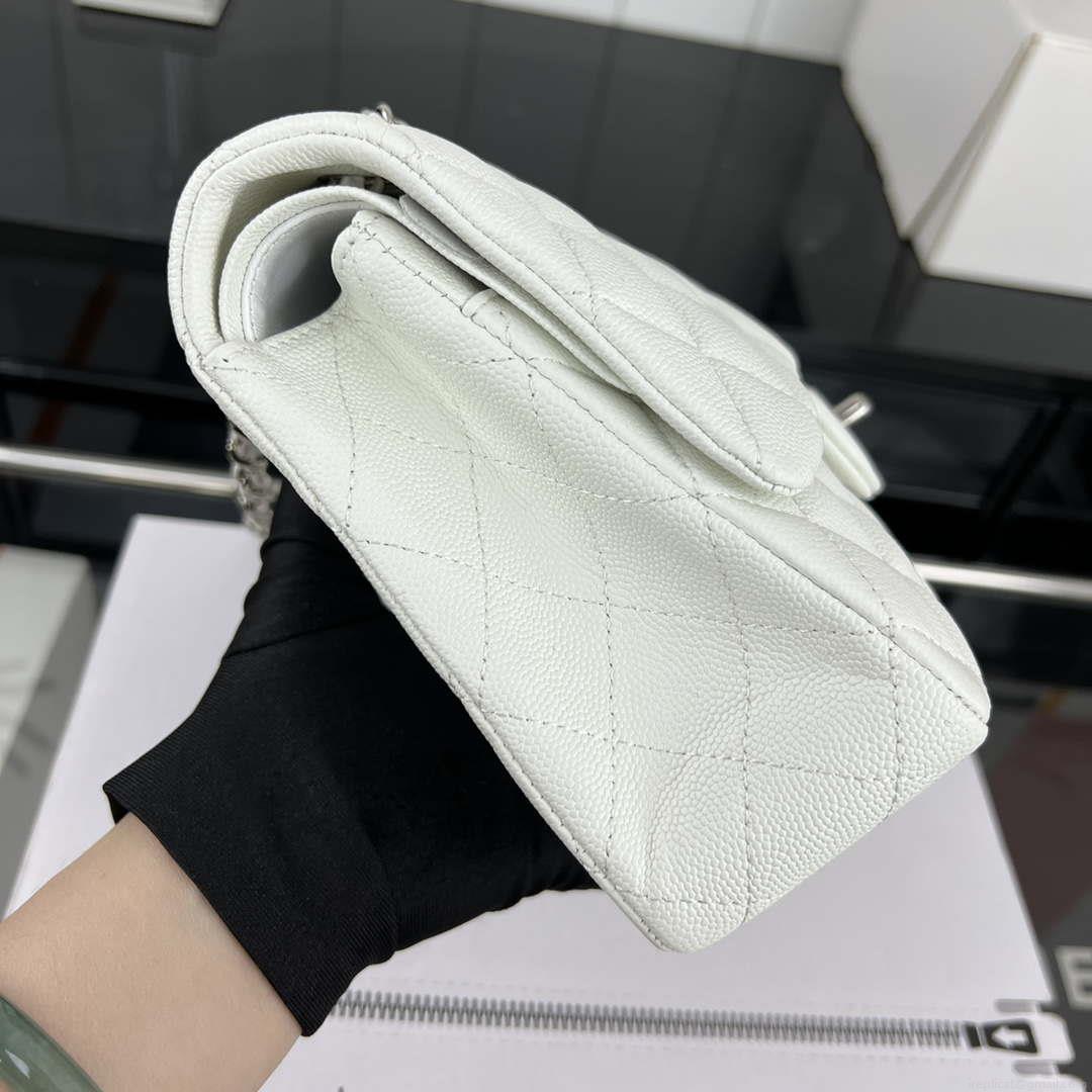 Chanel A01112 Flap Classic 11.12 Handbag Grained Calfskin & Silver-Tone Metal White