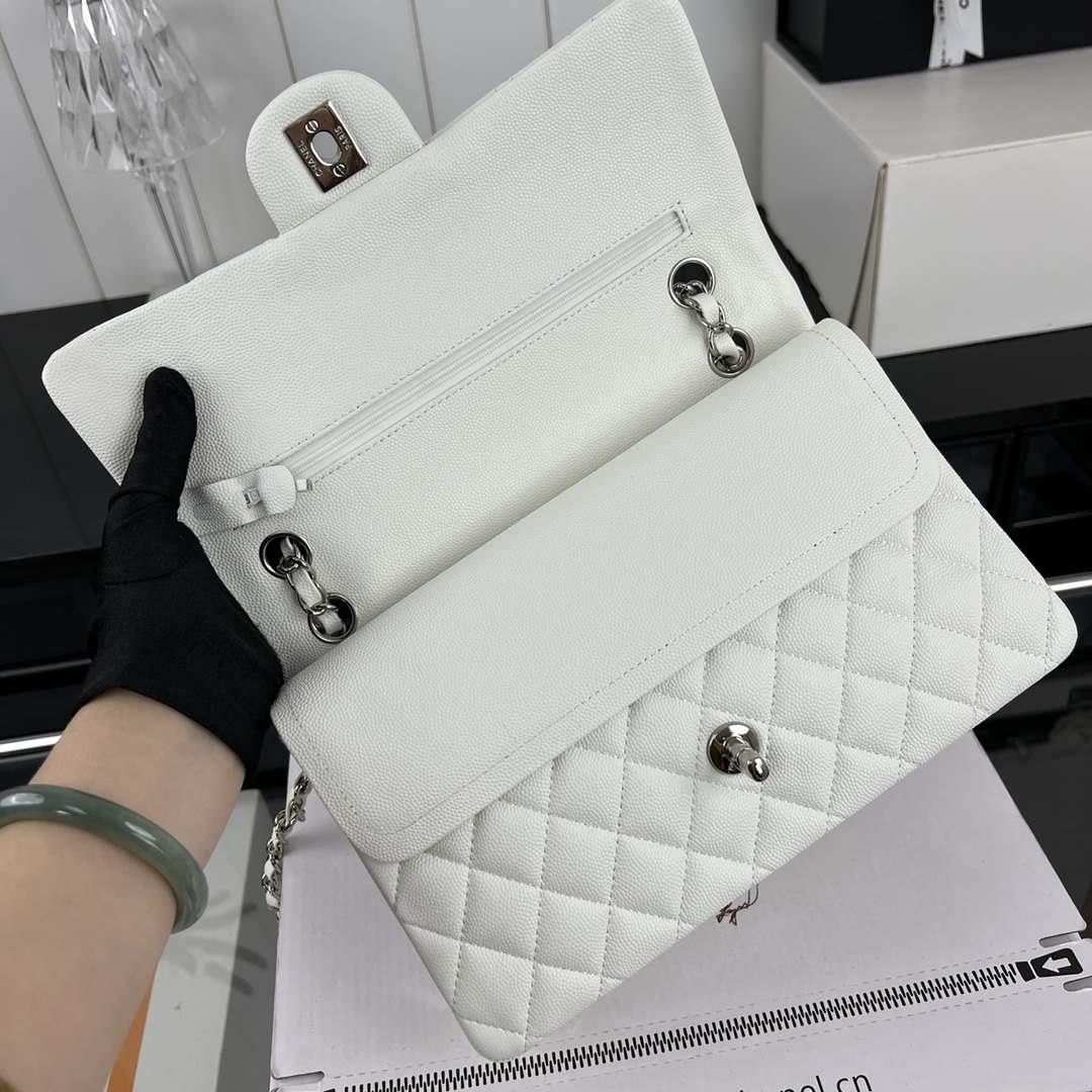 Chanel A01112 Flap Classic 11.12 Handbag Grained Calfskin & Silver-Tone Metal White