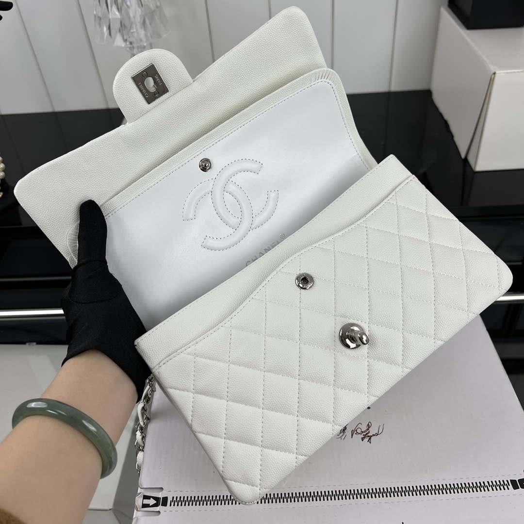 Chanel A01112 Flap Classic 11.12 Handbag Grained Calfskin & Silver-Tone Metal White