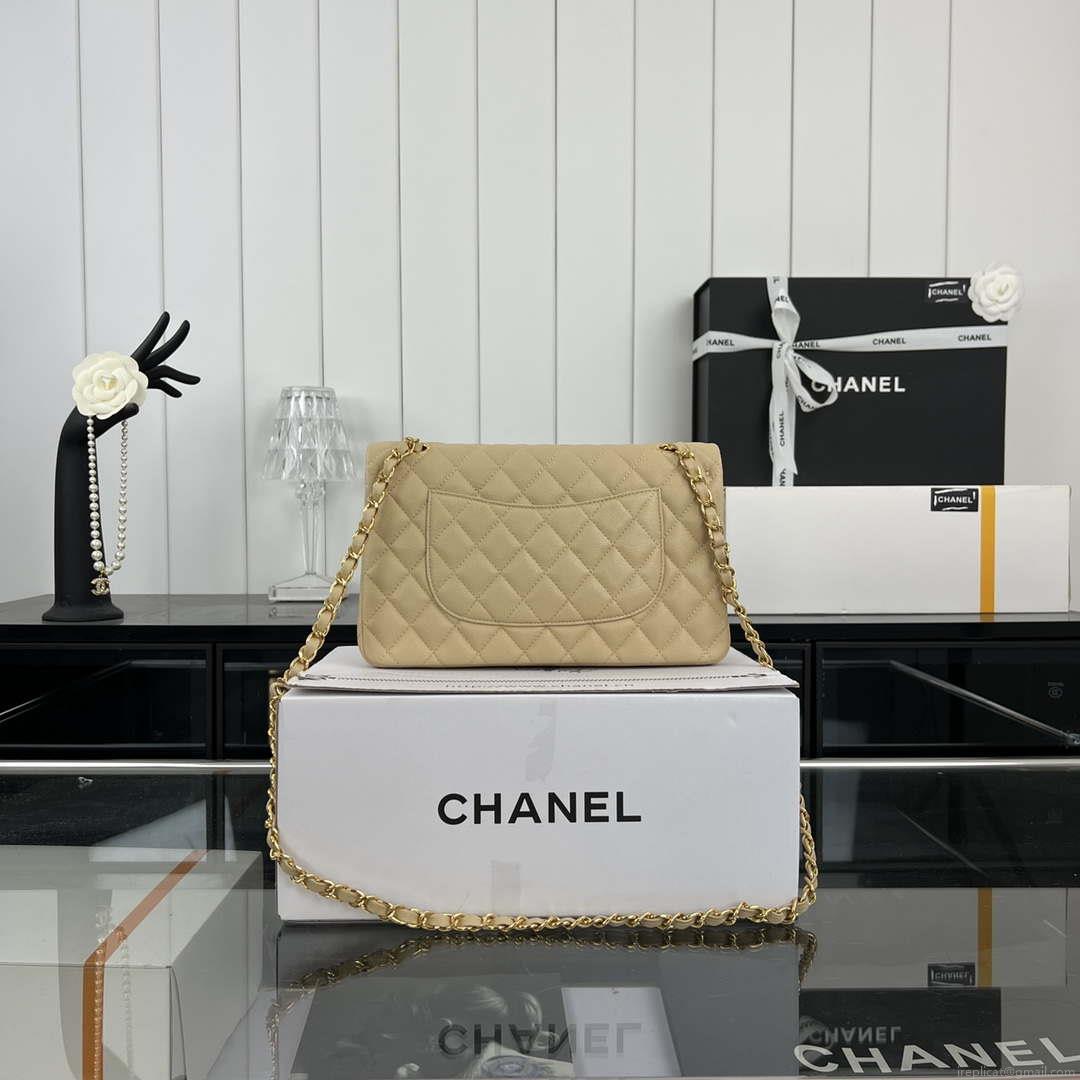 Chanel A01112 Flap Classic 11.12 Handbag Grained Calfskin & Gold-Tone Metal Apricot