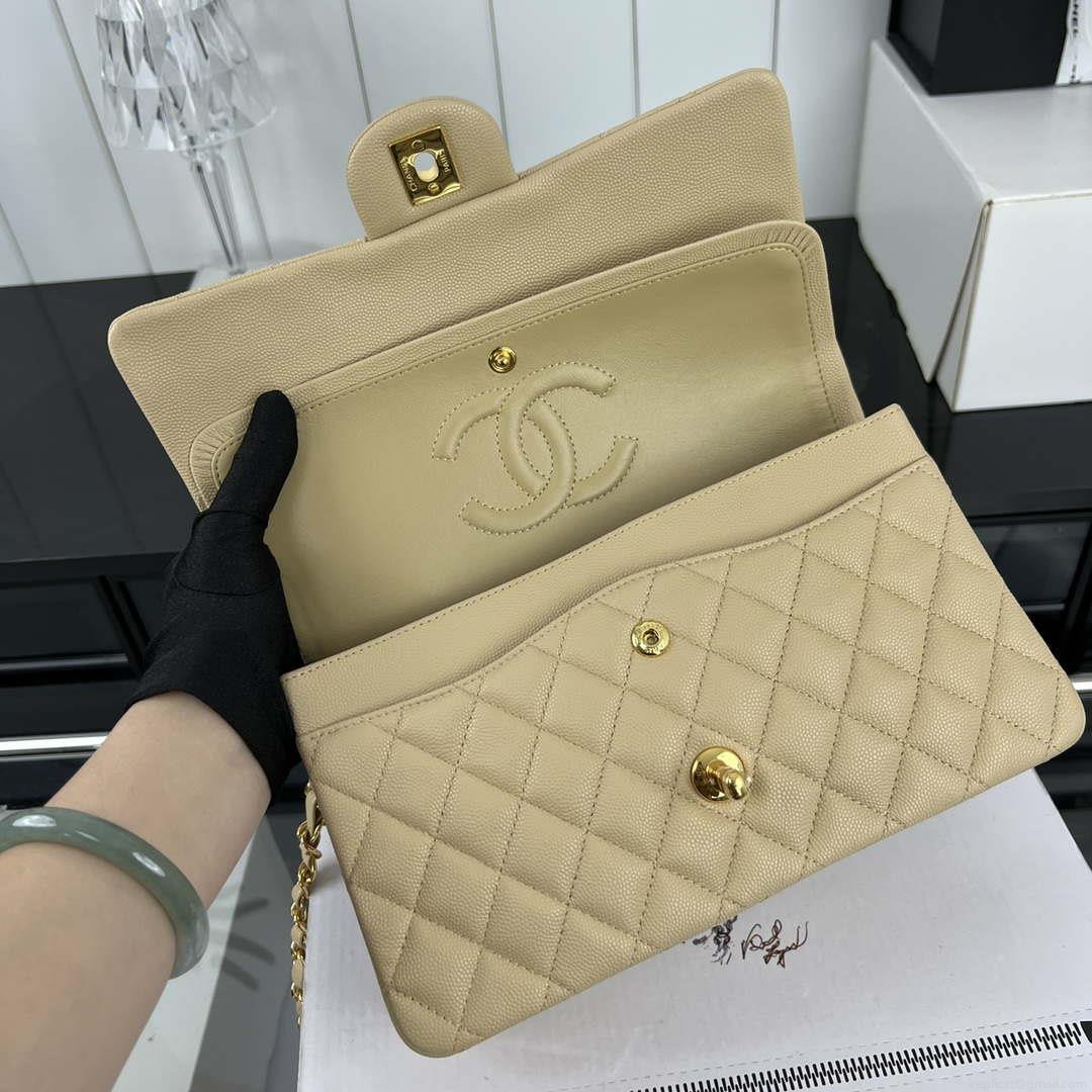 Chanel A01112 Flap Classic 11.12 Handbag Grained Calfskin & Gold-Tone Metal Apricot
