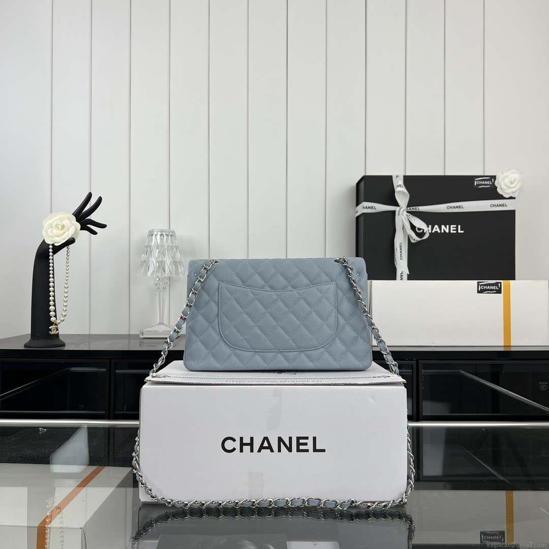 Chanel A01112 Flap Classic 11.12 Handbag Grained Calfskin & Silver-Tone Metal Baby Blue