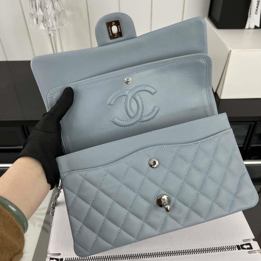 Chanel A01112 Flap Classic 11.12 Handbag Grained Calfskin & Silver-Tone Metal Baby Blue