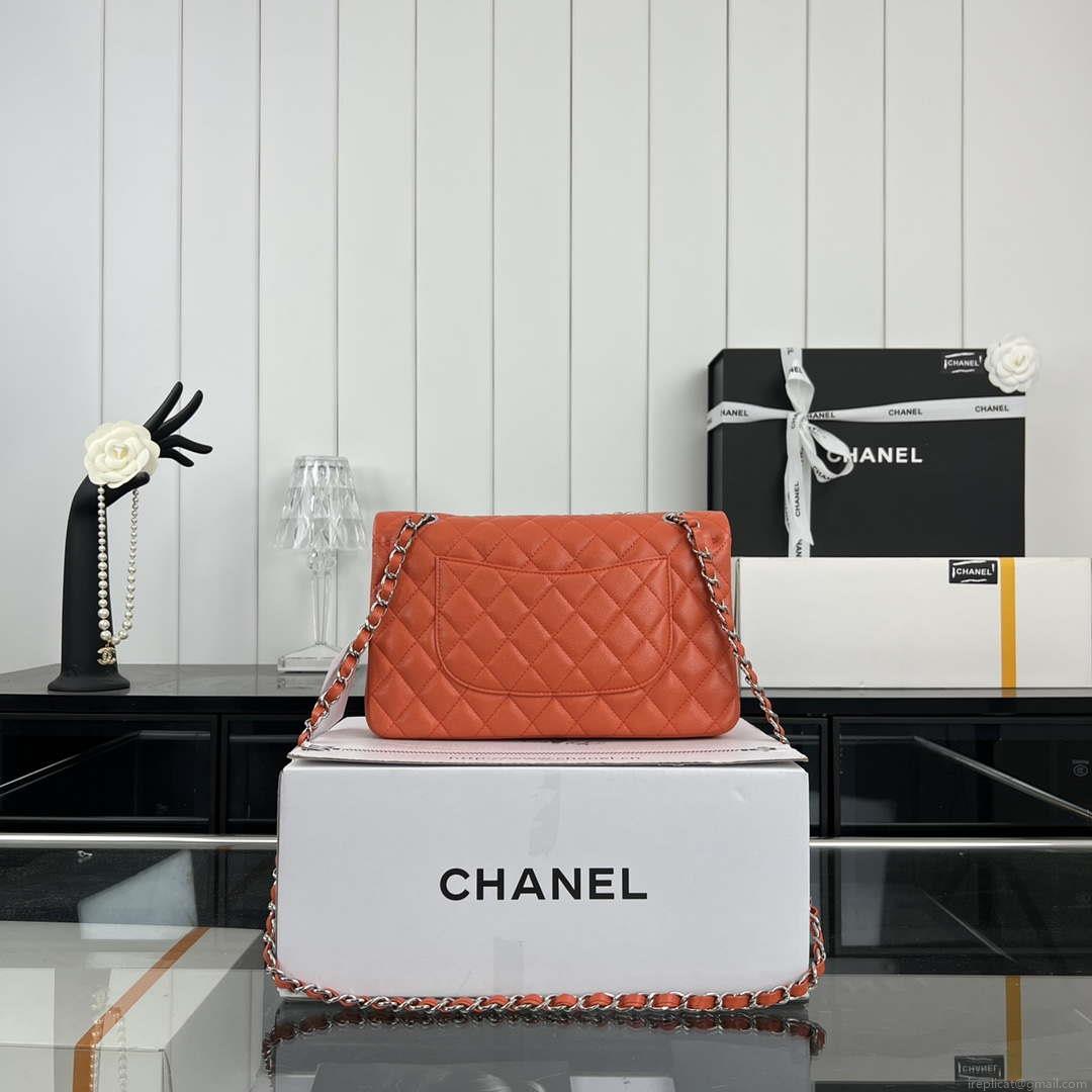 Chanel A01112 Flap Classic 11.12 Handbag Grained Calfskin & Silver-Tone Metal Orange