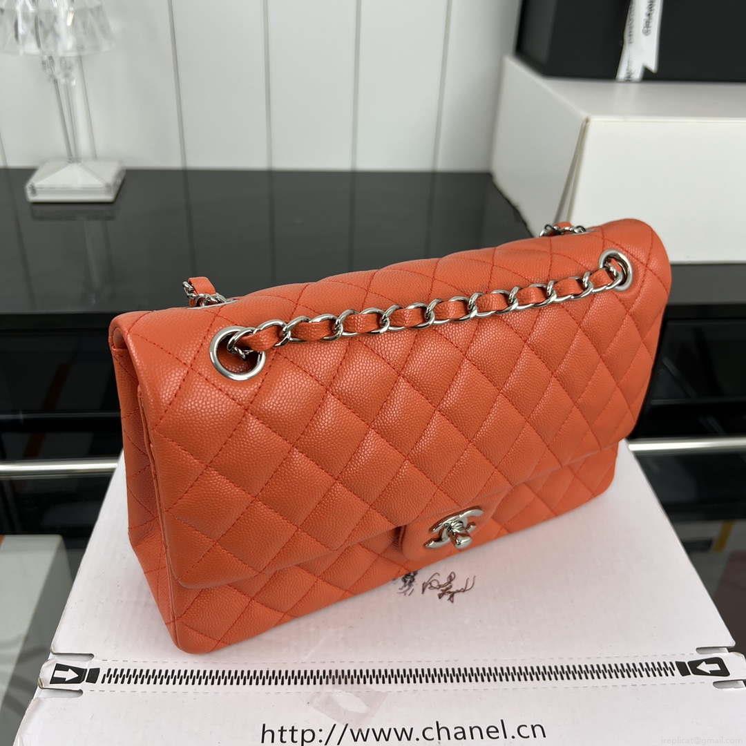 Chanel A01112 Flap Classic 11.12 Handbag Grained Calfskin & Silver-Tone Metal Orange