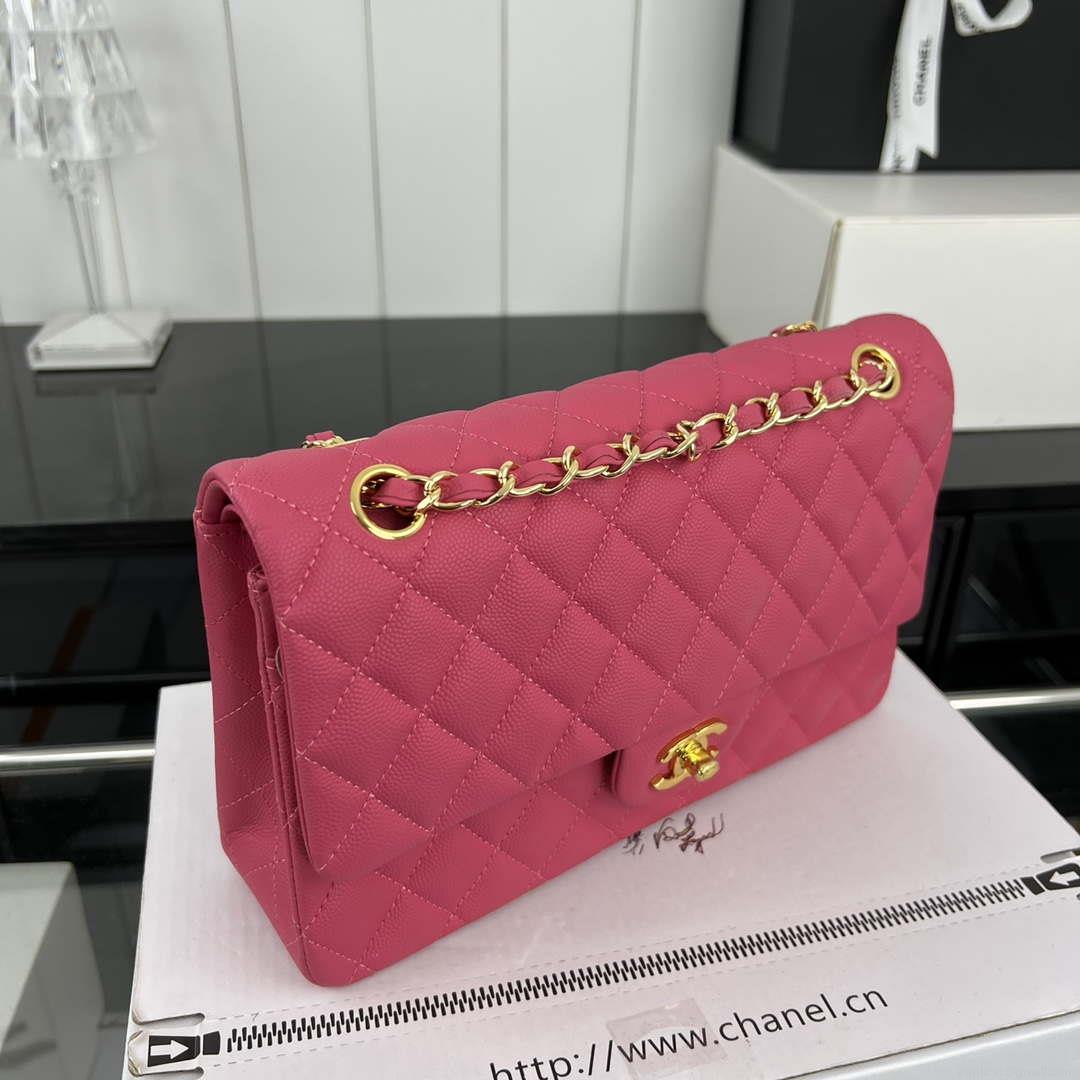 Chanel A01112 Flap Classic 11.12 Handbag Grained Calfskin & Gold-Tone Metal Rose red