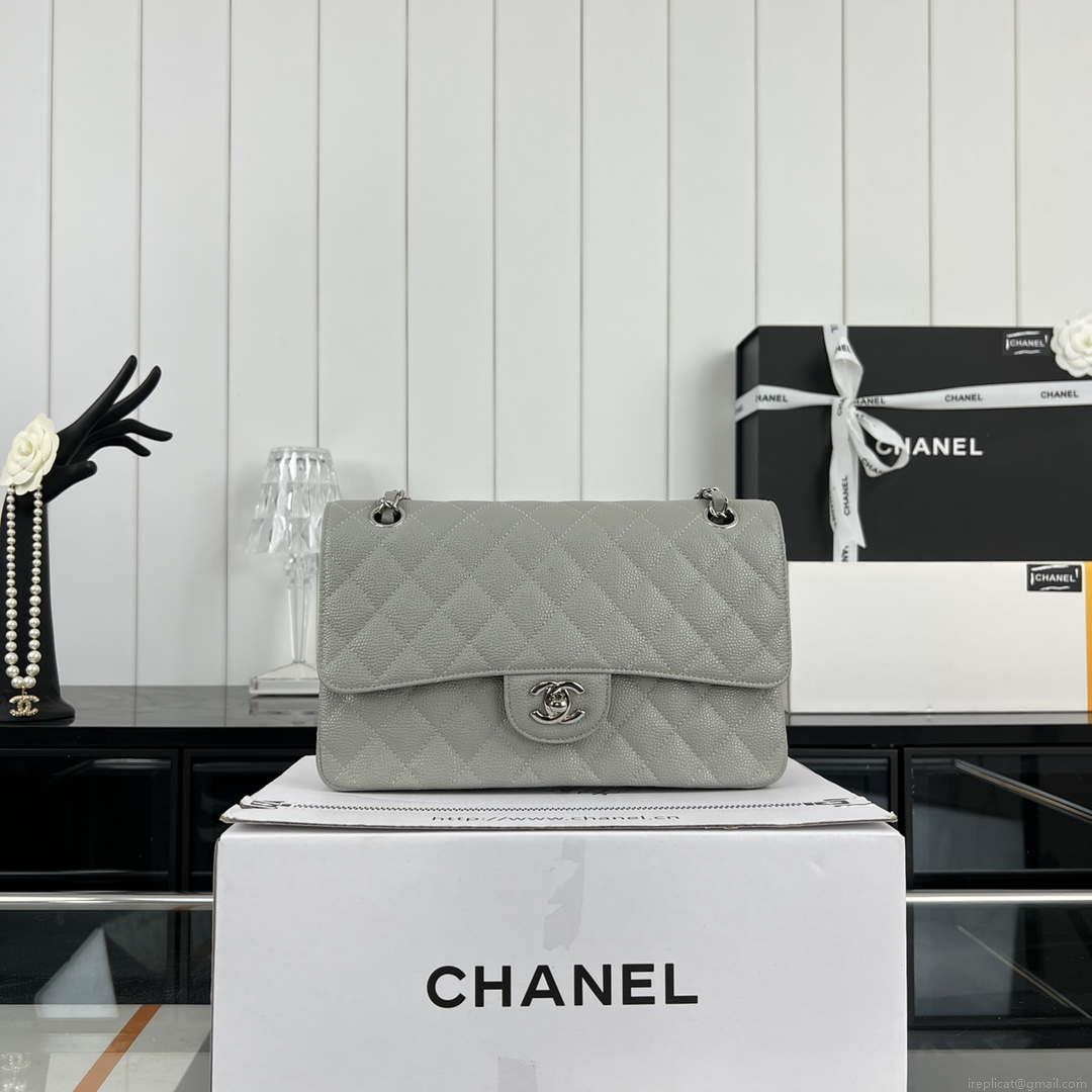 Chanel A01112 Flap Classic Handbag Grained Calfskin & Silver-Tone Metal Gray