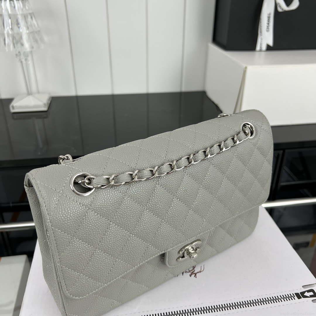 Chanel A01112 Flap Classic Handbag Grained Calfskin & Silver-Tone Metal Gray