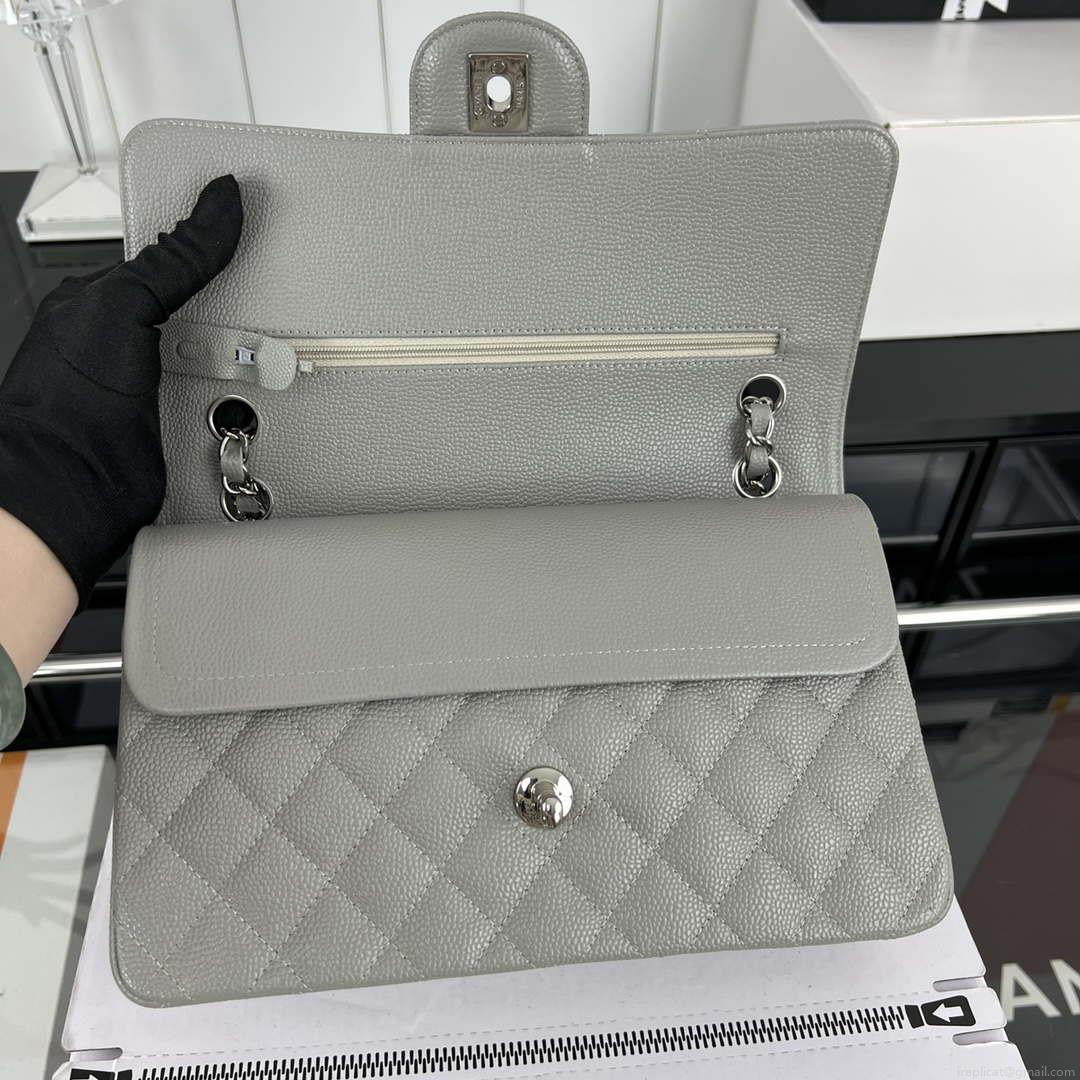 Chanel A01112 Flap Classic Handbag Grained Calfskin & Silver-Tone Metal Gray