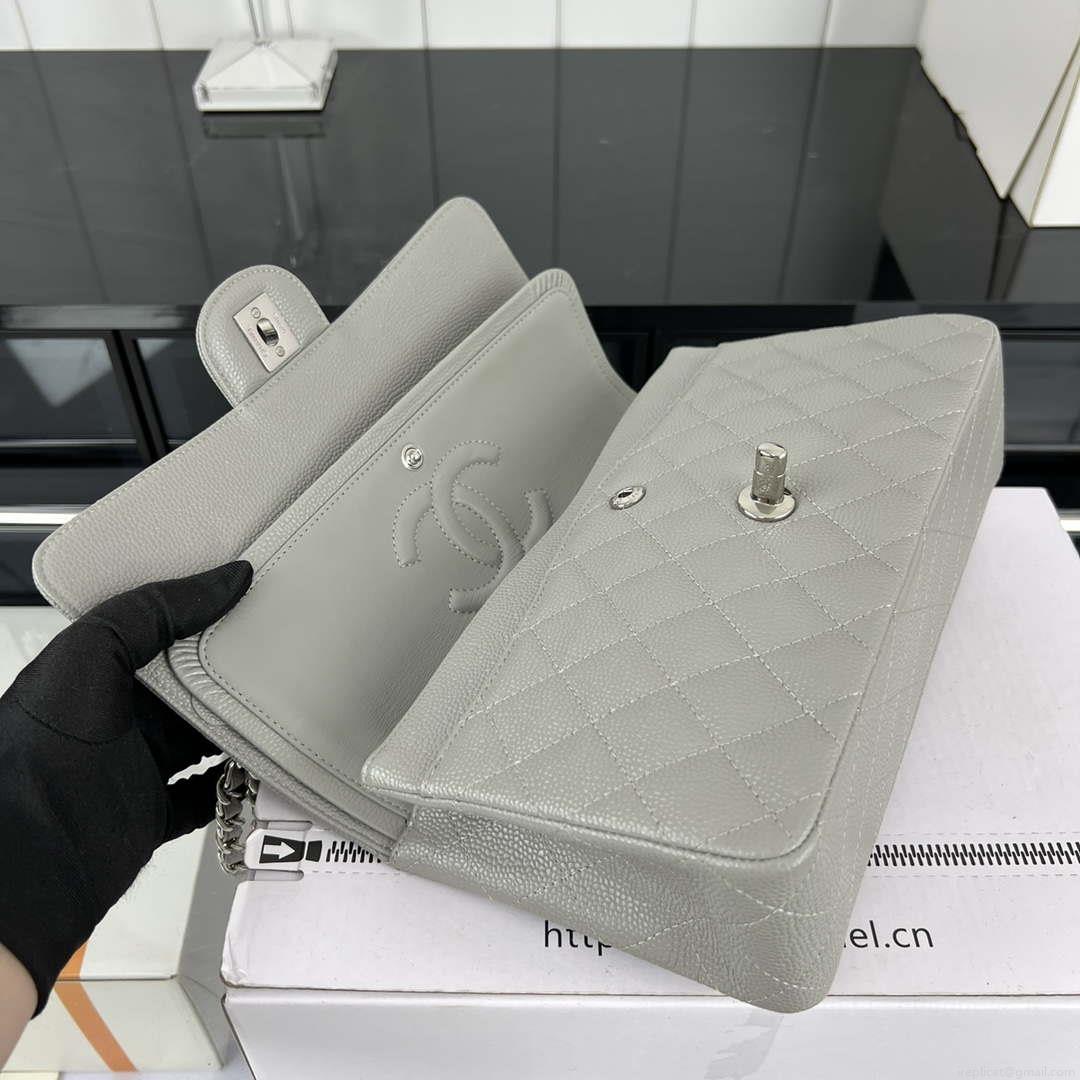 Chanel A01112 Flap Classic Handbag Grained Calfskin & Silver-Tone Metal Gray
