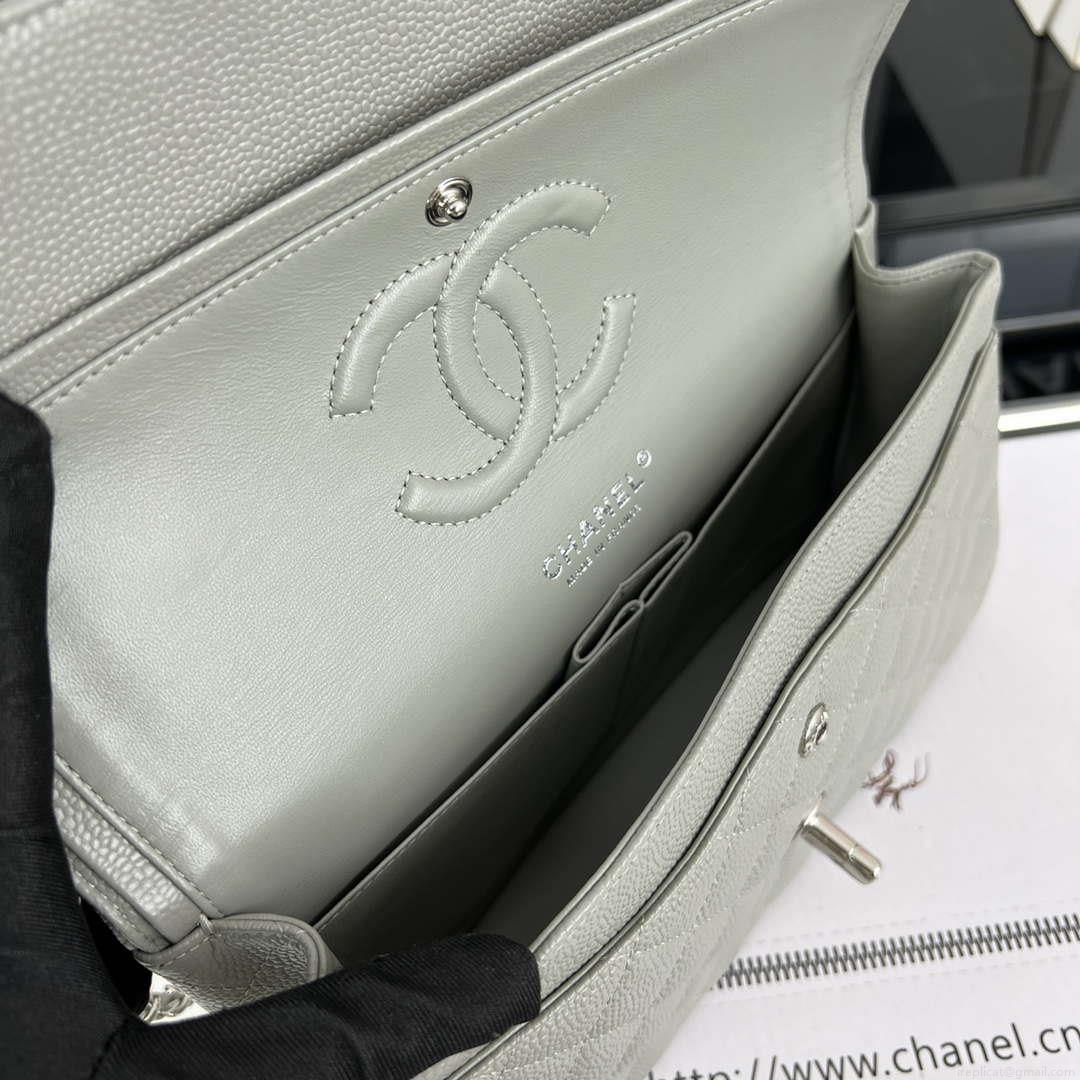 Chanel A01112 Flap Classic Handbag Grained Calfskin & Silver-Tone Metal Gray