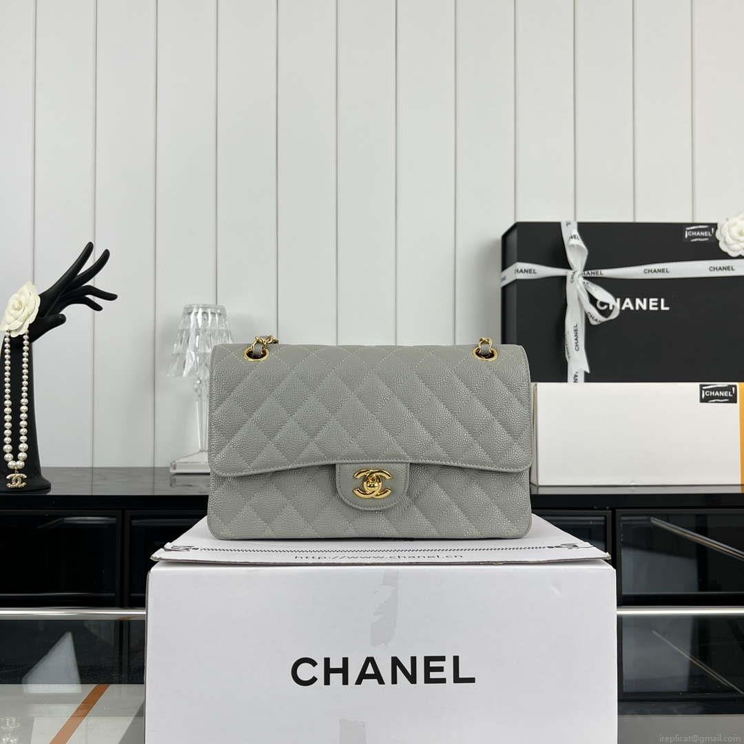 Chanel A01112 Flap Classic Handbag Grained Calfskin & Gold-Tone Metal Gray