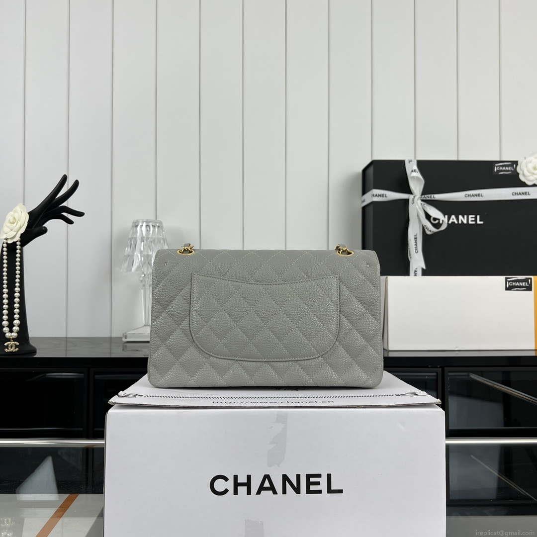 Chanel A01112 Flap Classic Handbag Grained Calfskin & Gold-Tone Metal Gray