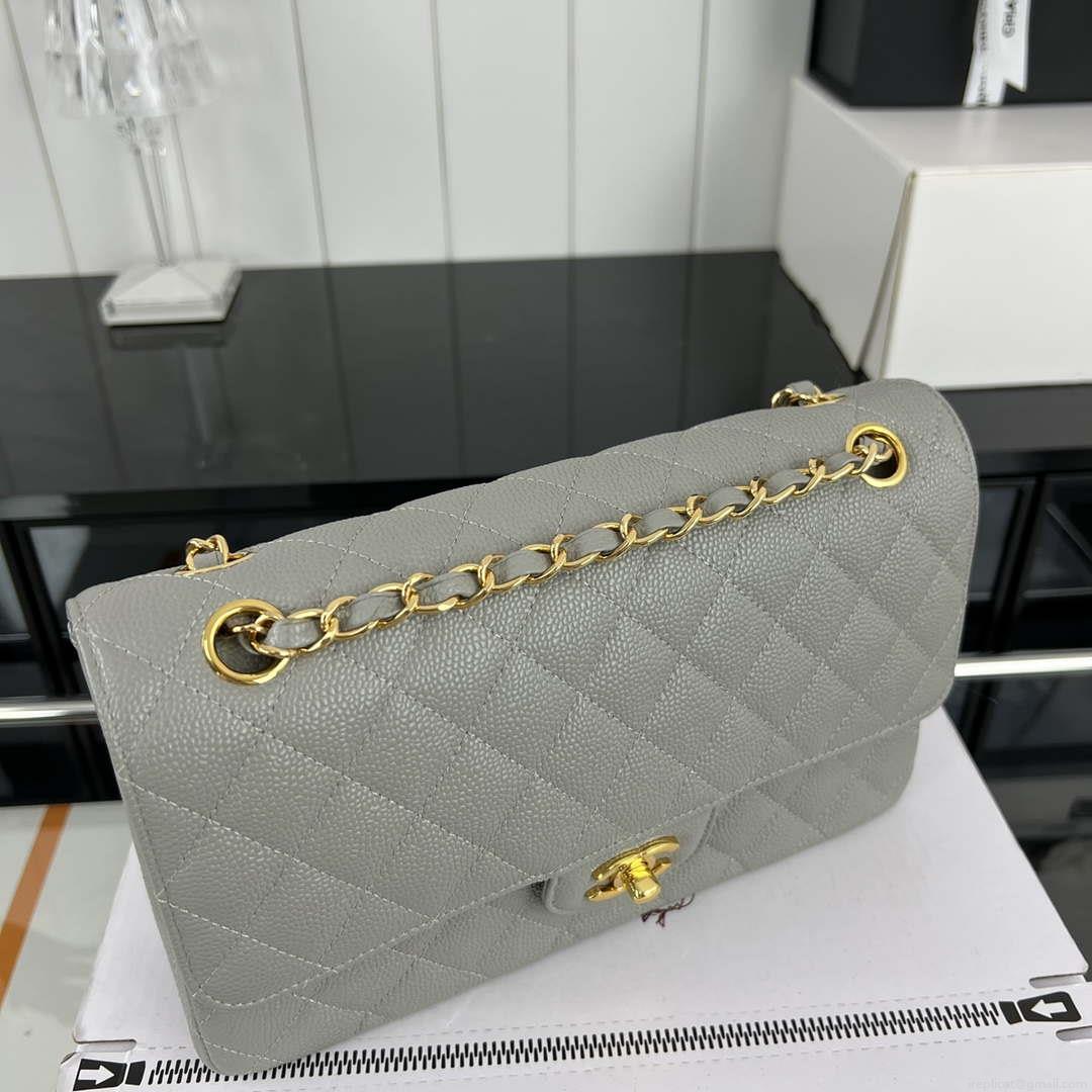 Chanel A01112 Flap Classic Handbag Grained Calfskin & Gold-Tone Metal Gray