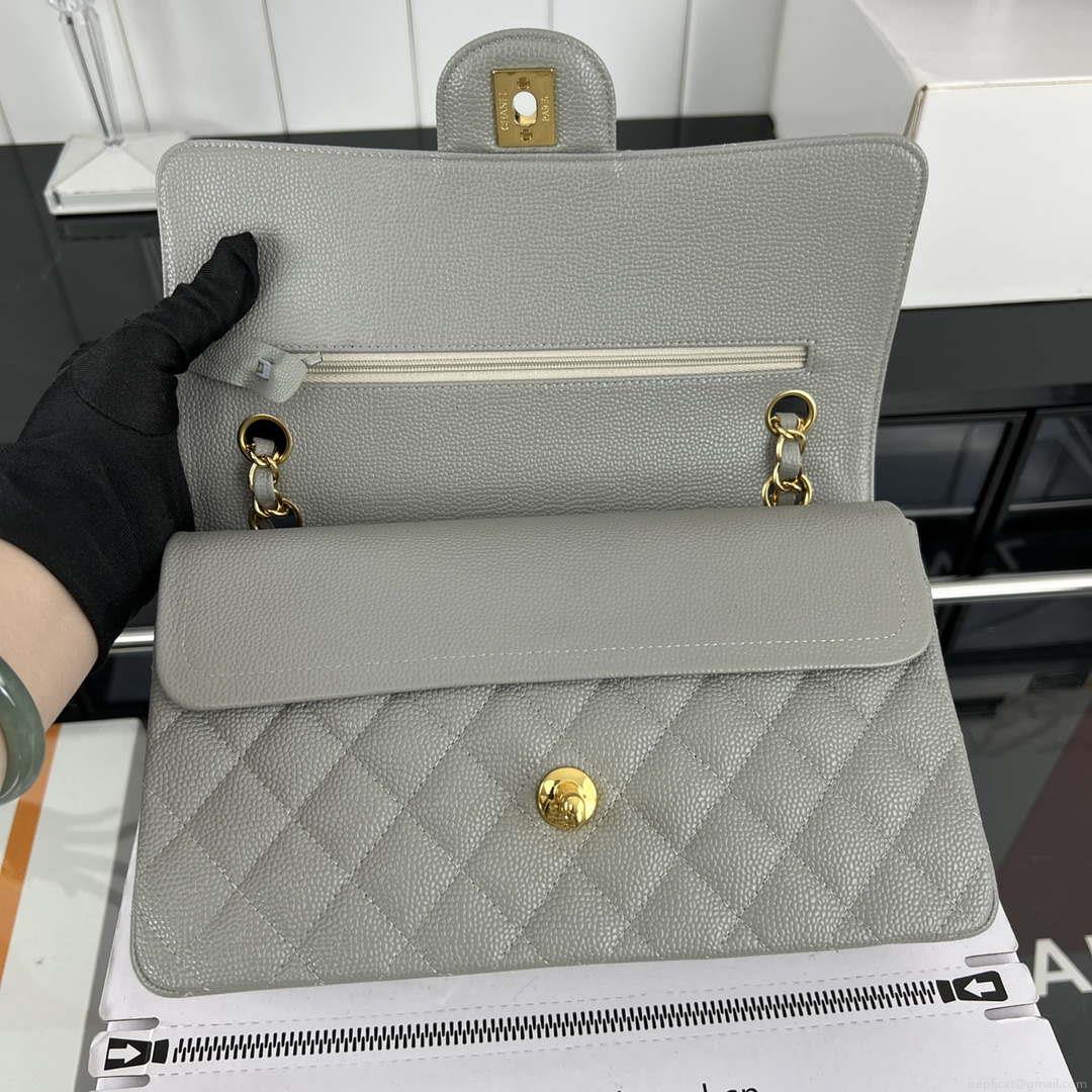 Chanel A01112 Flap Classic Handbag Grained Calfskin & Gold-Tone Metal Gray