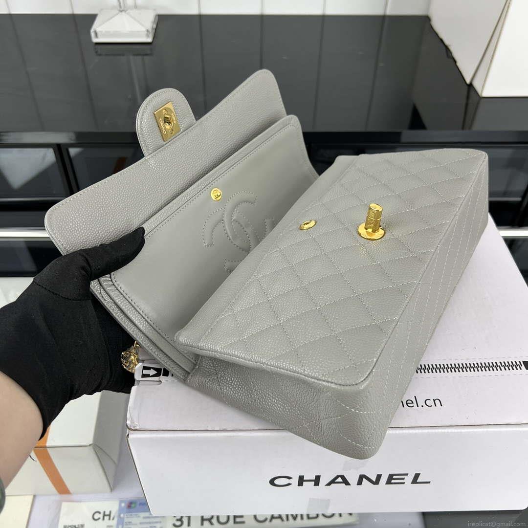 Chanel A01112 Flap Classic Handbag Grained Calfskin & Gold-Tone Metal Gray