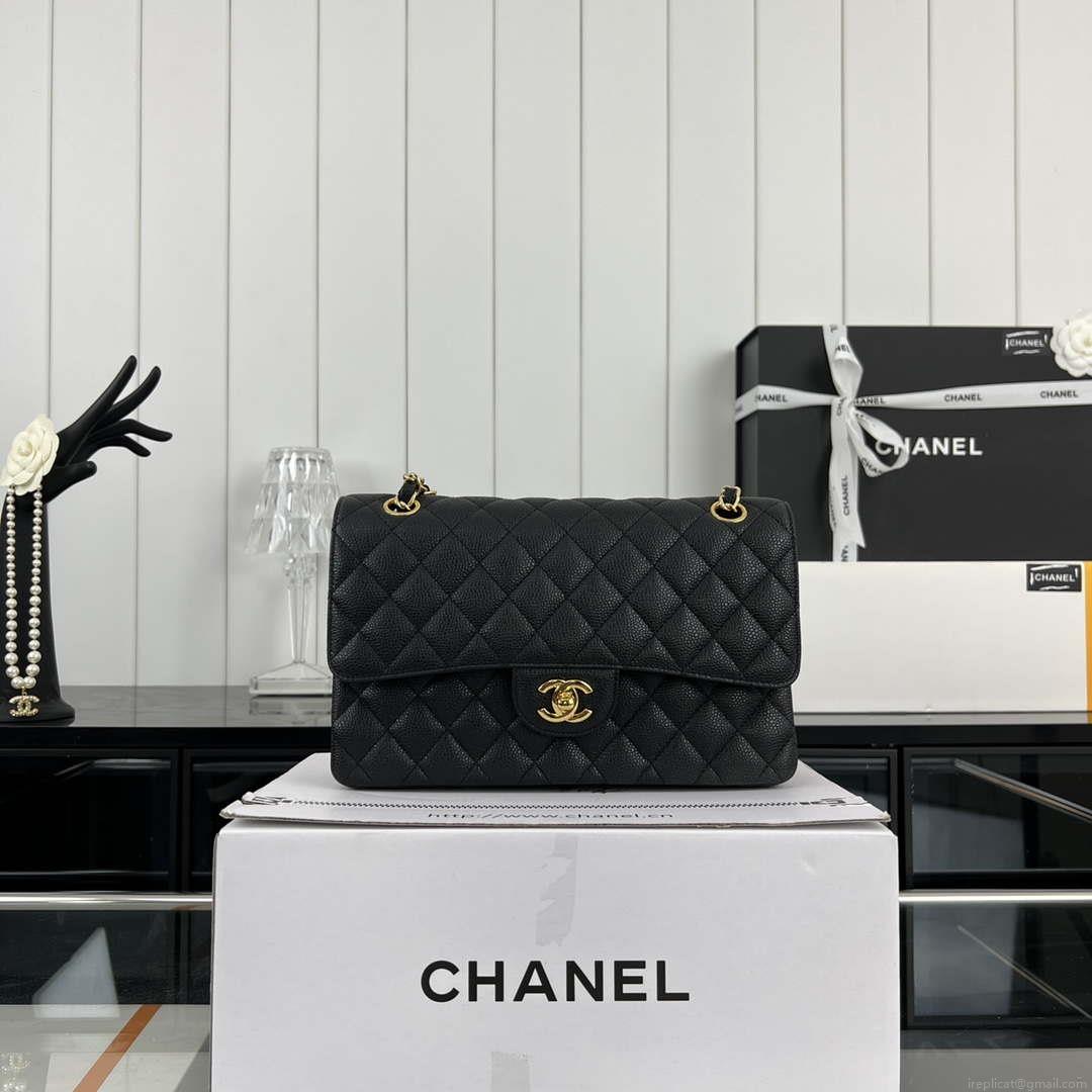 Chanel A01112 Flap Classic Handbag Grained Calfskin & Gold-Tone Metal Black