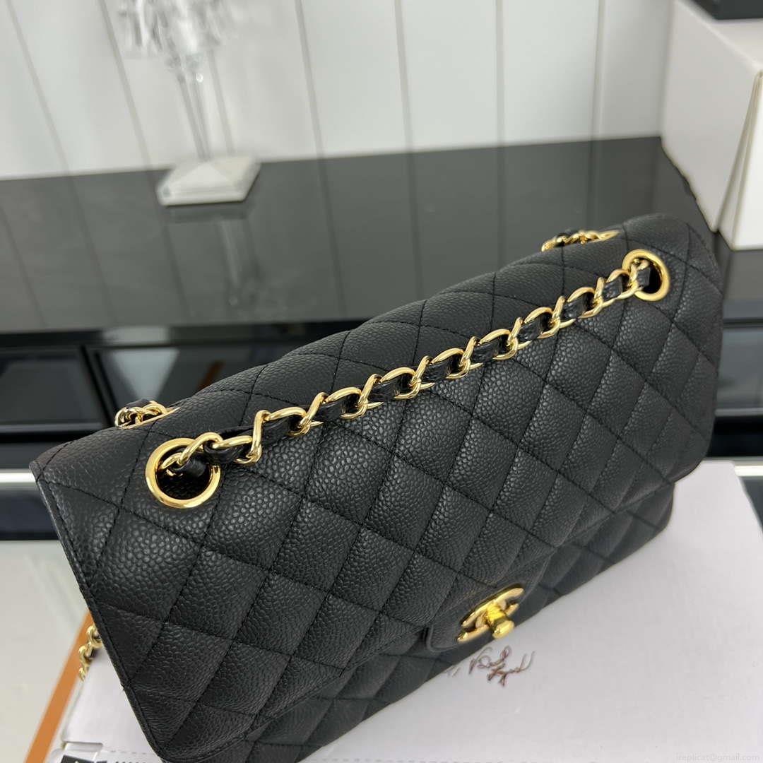 Chanel A01112 Flap Classic Handbag Grained Calfskin & Gold-Tone Metal Black